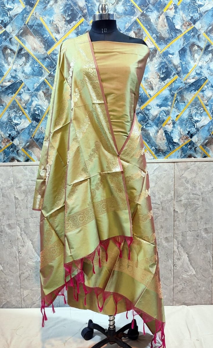 Exclusive Banarasi Unstitched Salwar Suit 3pc with Dupatta - Semi Katan Pushpa Silk - Leheriya