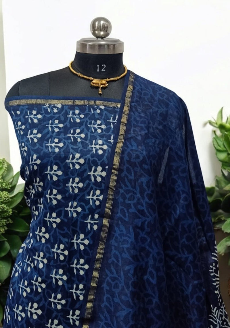 Exclusive Hand Block Indigo Print Chanderi Silk Suit with Premium Chanderi Silk Dupatta - Leheriya