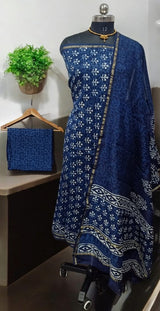 Exclusive Hand Block Indigo Print Chanderi Silk Suit with Premium Chanderi Silk Dupatta - Leheriya