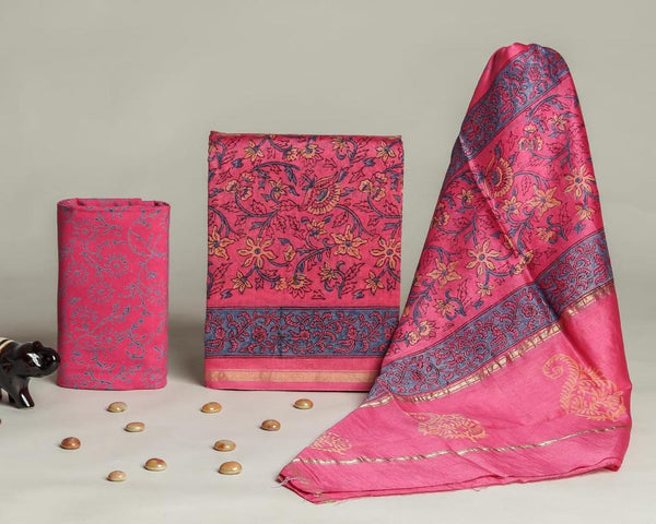 Exclusive Hand Block Print Chanderi Silk Suit with Premium Chanderi Silk Dupatta - Leheriya