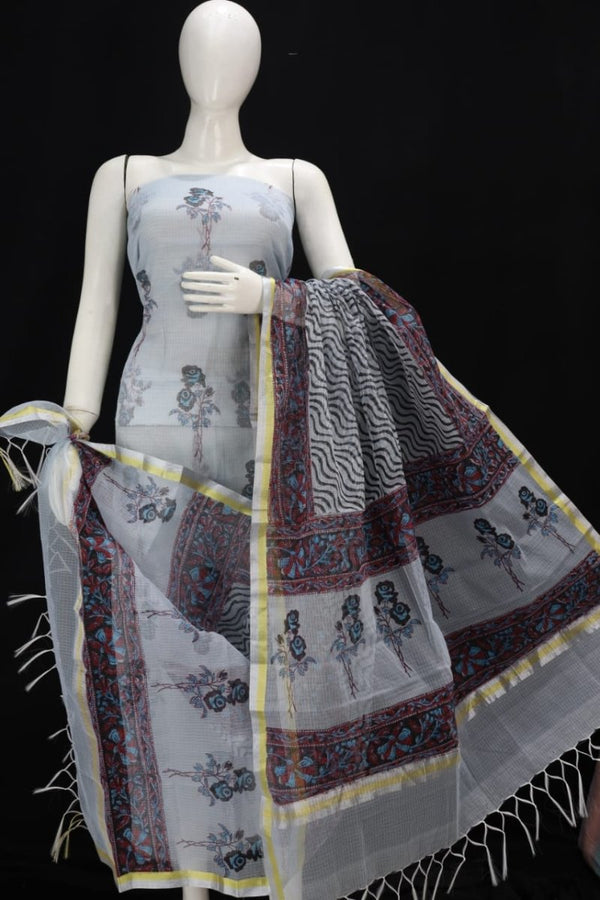 Floral Print Kota Doria Salwar Suit | Grey | - Leheriya