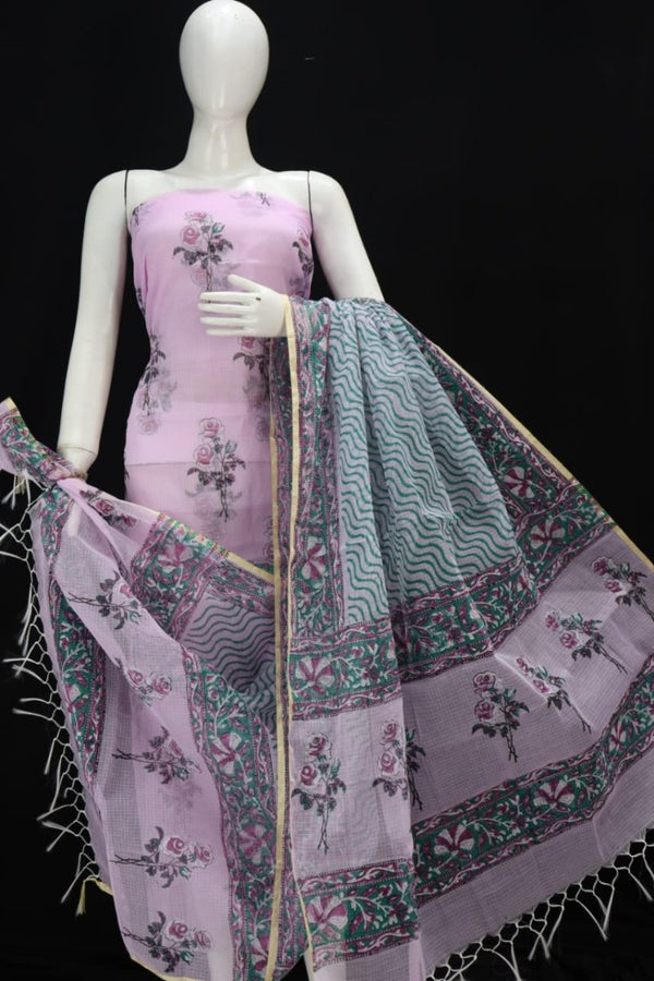 Floral Print Kota Doria Salwar Suit | Pastel Purple | - Leheriya