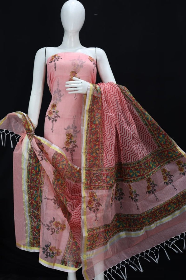 Floral Print Kota Doria Salwar Suit | Pink Daisy | - Leheriya