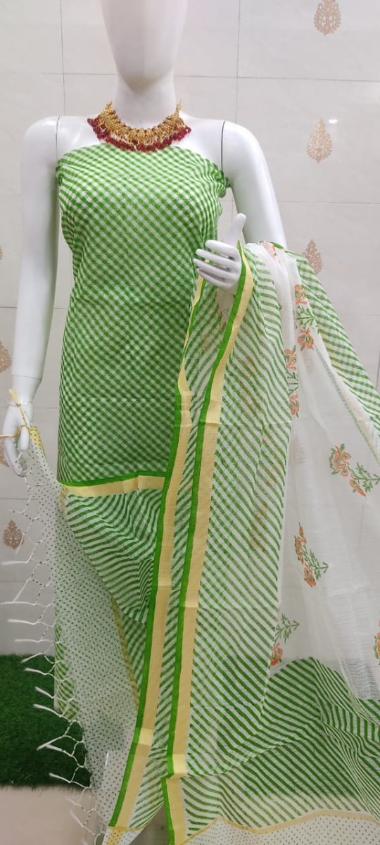 Green Block Printed Kota Doria Leheriya Salwar Suit - Leheriya