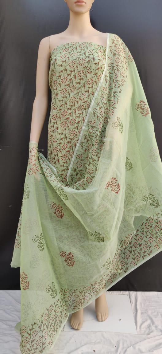 Green Block Printed Kota Doria Salwar Suit - Leheriya