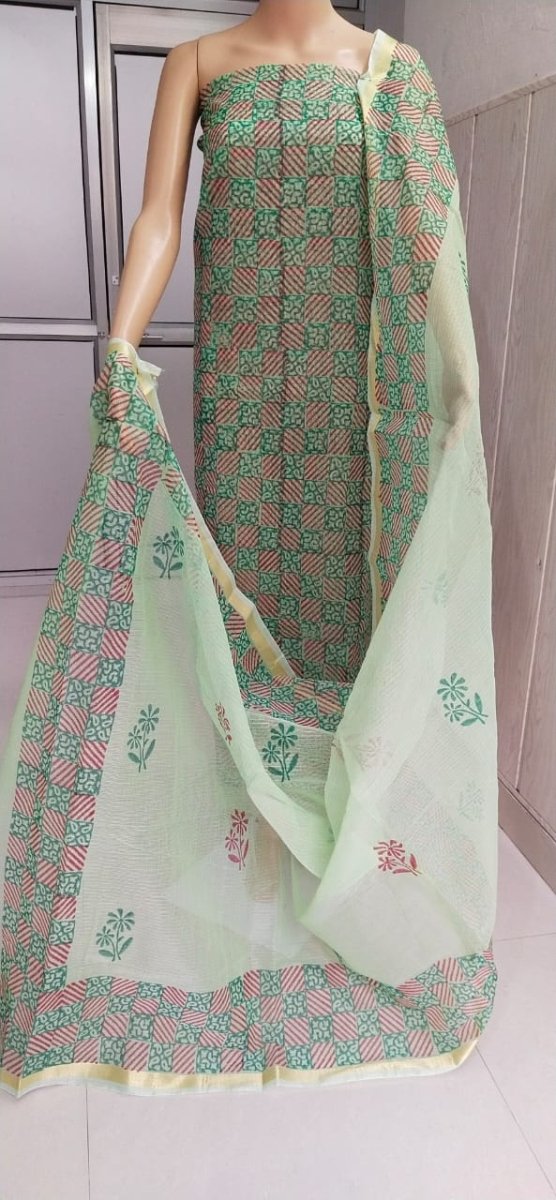 Green Block Printed Kota Doria Salwar Suit - Leheriya