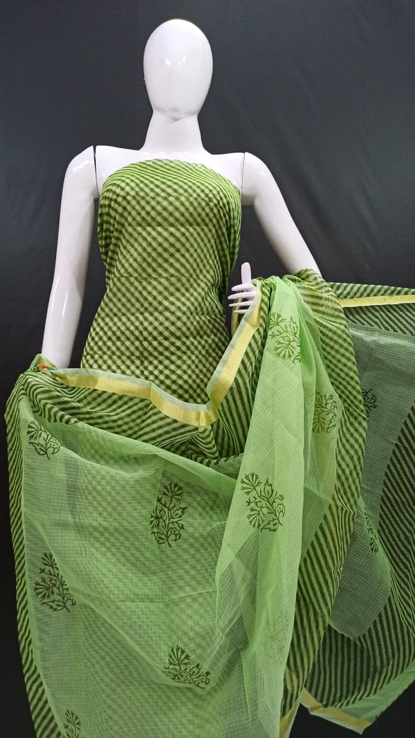 Green Block Printed Kota Doria Salwar Suit - Leheriya