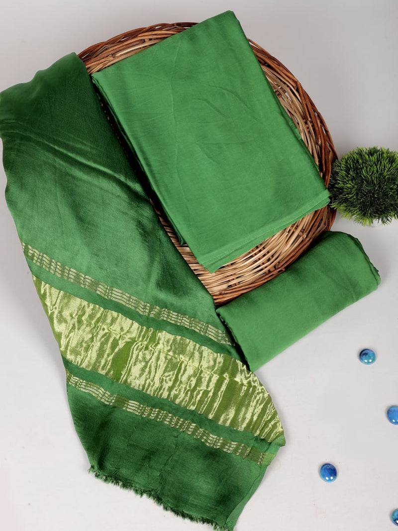 Green Color 3pc Plain Modal Silk Salwar Suit Material Set with Lagdi Patta Dupatta - Leheriya