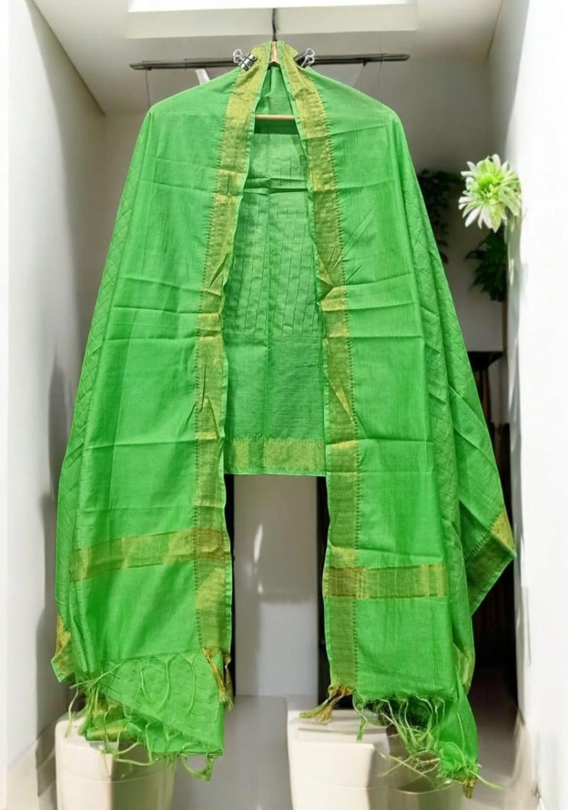 Green Color Mangalagiri Zari Border Cotton Silk Dupatta - Leheriya