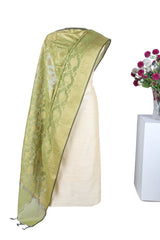 Green Linen Banarasi Dupatta with woven Motifs - Leheriya