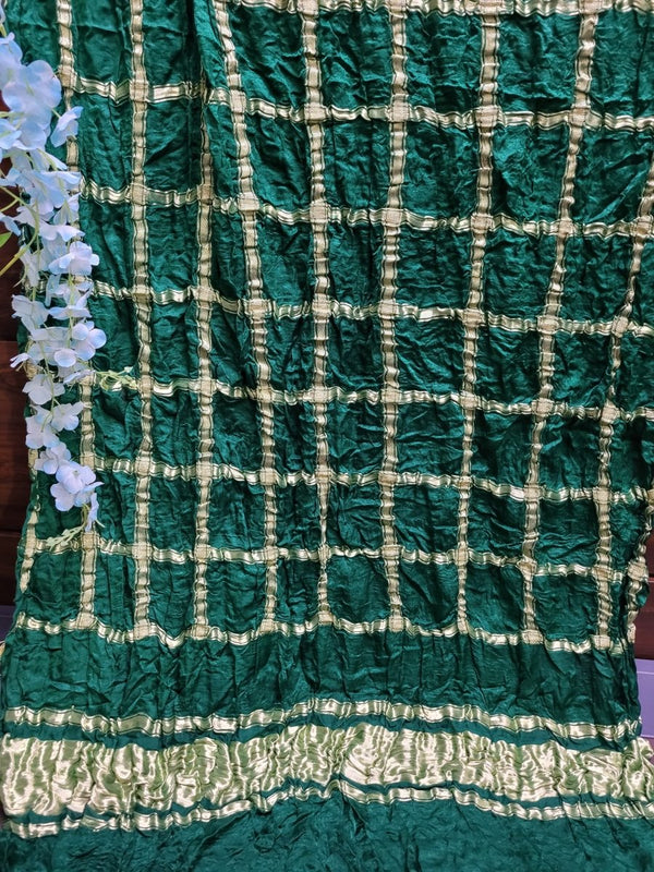 Green Pure Gaji Silk Gharchola Dupatta with Golden Zari Work - Leheriya