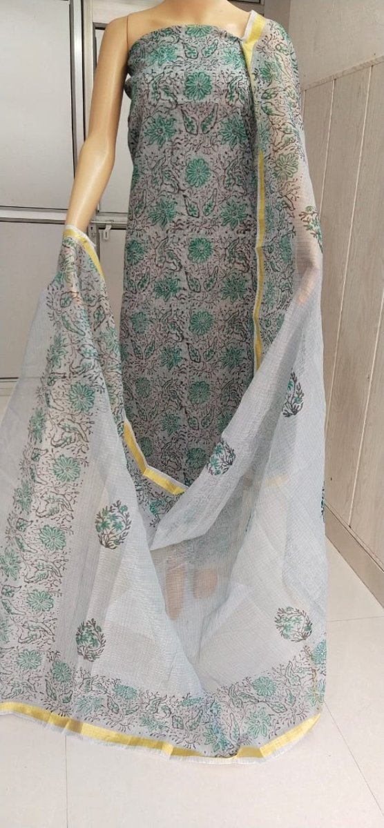 Grey Hand Block Printed Kota Doria Salwar Suit - Leheriya