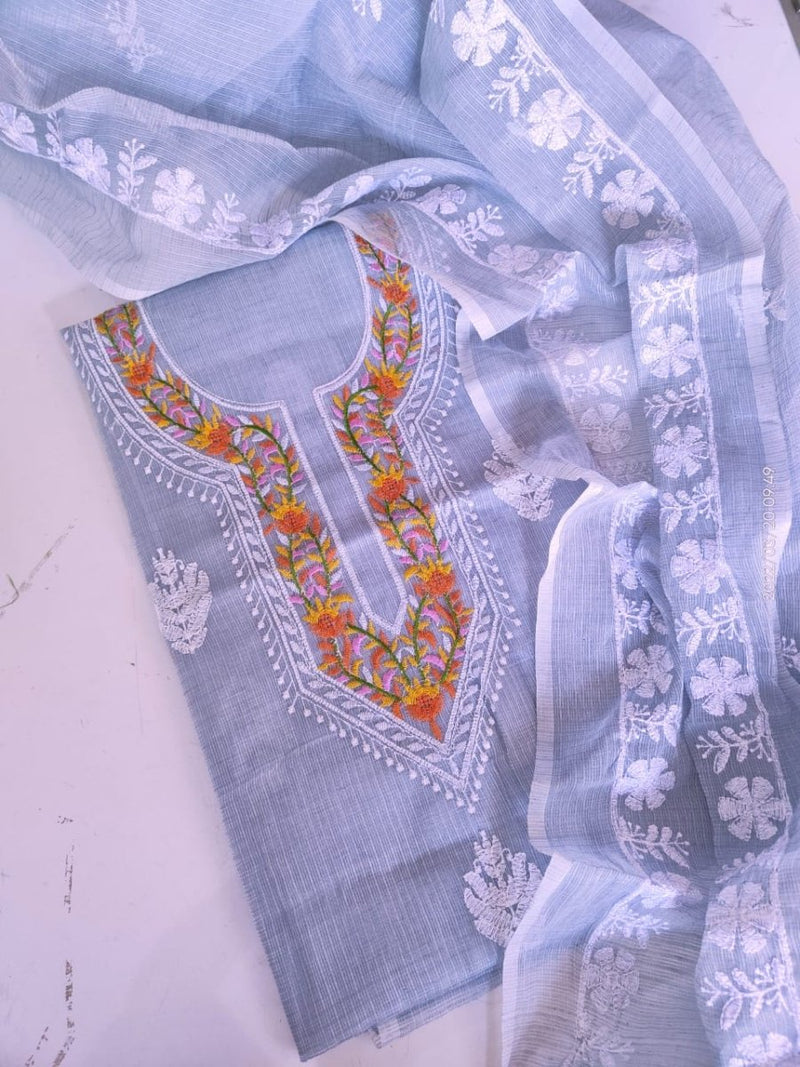 Grey Kota Doria with Multicolor Embroidery - Leheriya