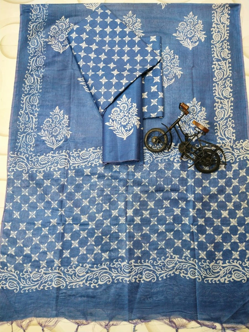 Hand Block Print Indigo Bhagalpuri Salwar Suit - Leheriya