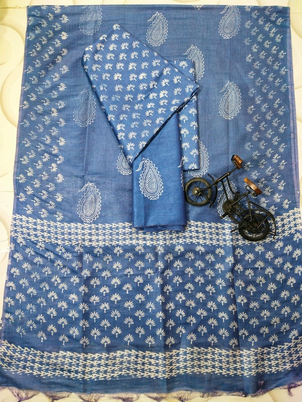 Hand Block Print Indigo Bhagalpuri Salwar Suit - Leheriya