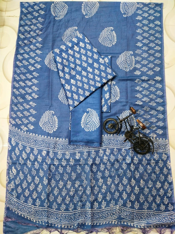 Hand Block Print Indigo Bhagalpuri Salwar Suit - Leheriya