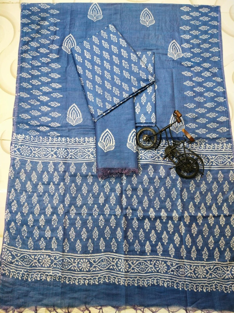 Hand Block Print Indigo Bhagalpuri Salwar Suit - Leheriya