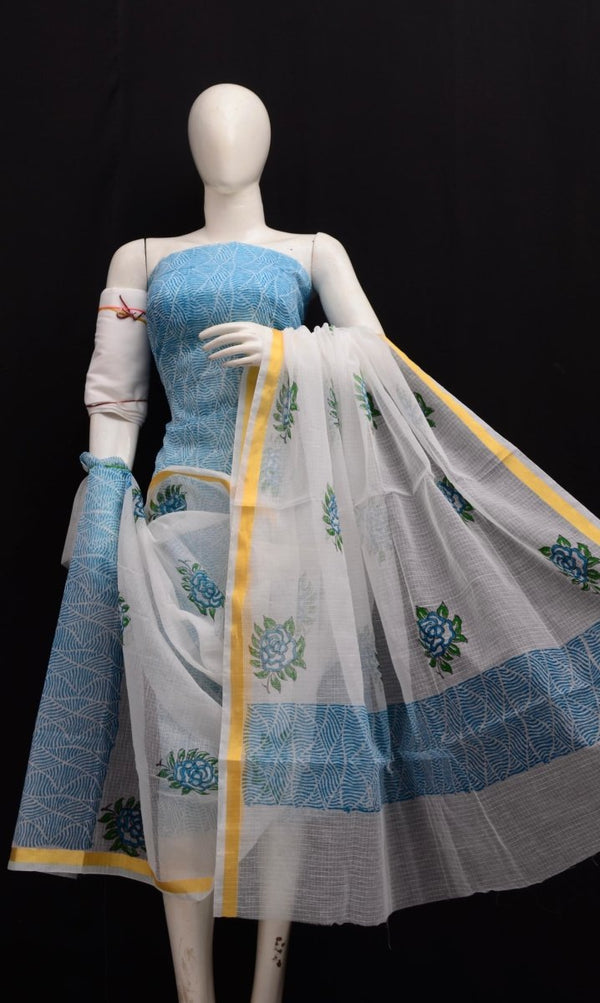 Hand Block Printed Kota Doria Salwar Suit - Leheriya