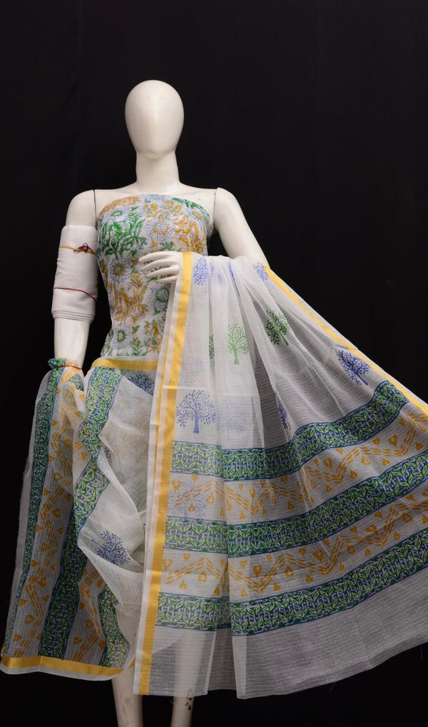 Hand Block Printed Kota Doria Salwar Suit - Leheriya