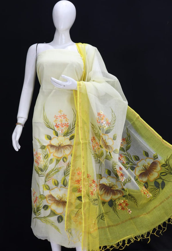 Hand Painted Kota Doria Pure Cotton Salwar Suit - Leheriya