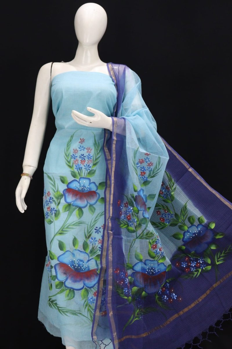 Hand Painted Kota Doria Pure Cotton Salwar Suit - Leheriya