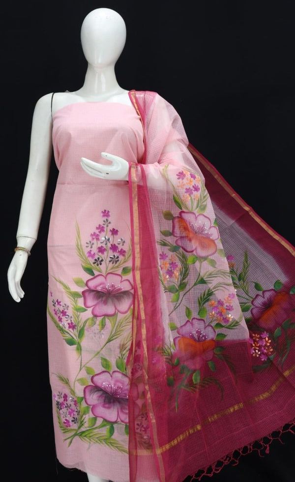 Hand Painted Kota Doria Pure Cotton Salwar Suit - Leheriya