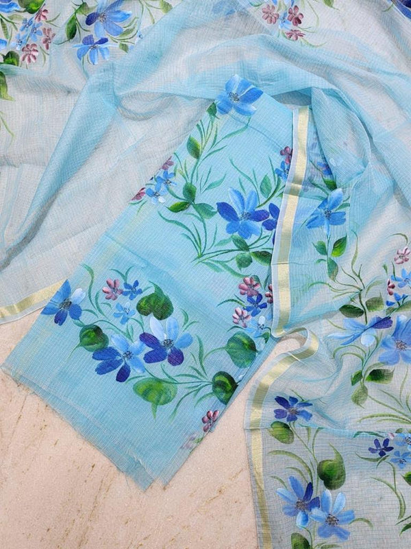 Hand Painted Kota Doria Salwar Suit | Blue | - Leheriya