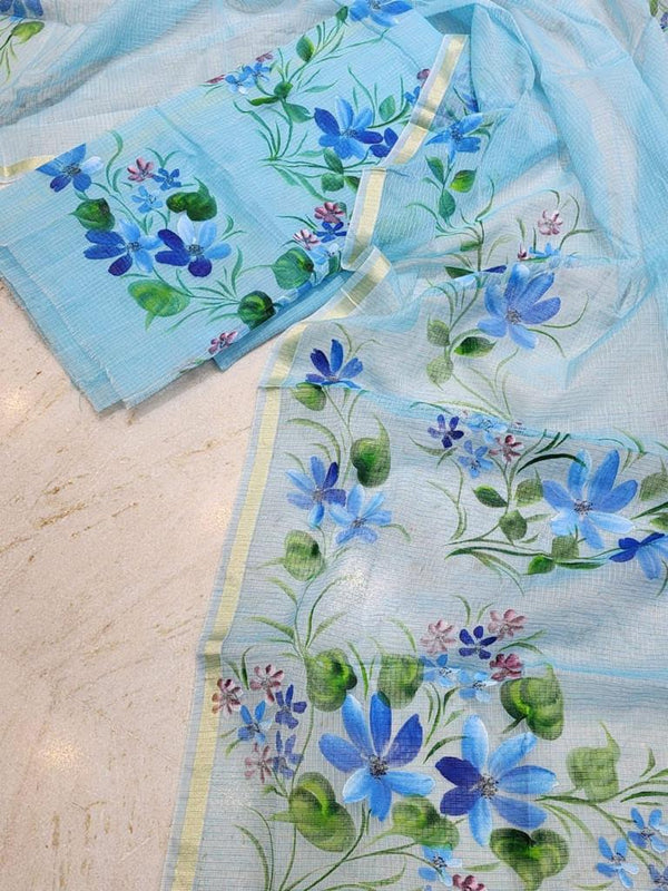 Hand Painted Kota Doria Salwar Suit | Blue | - Leheriya