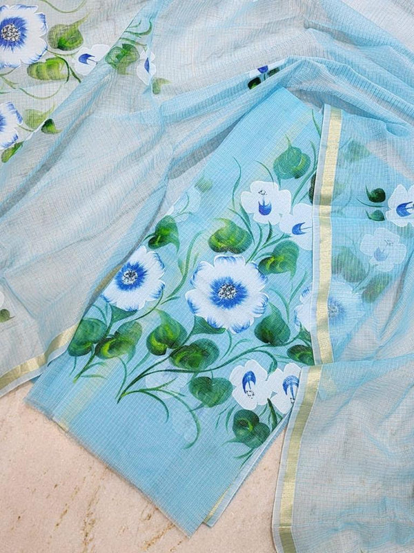 Hand Painted Kota Doria Salwar Suit | Carolina Blue | - Leheriya