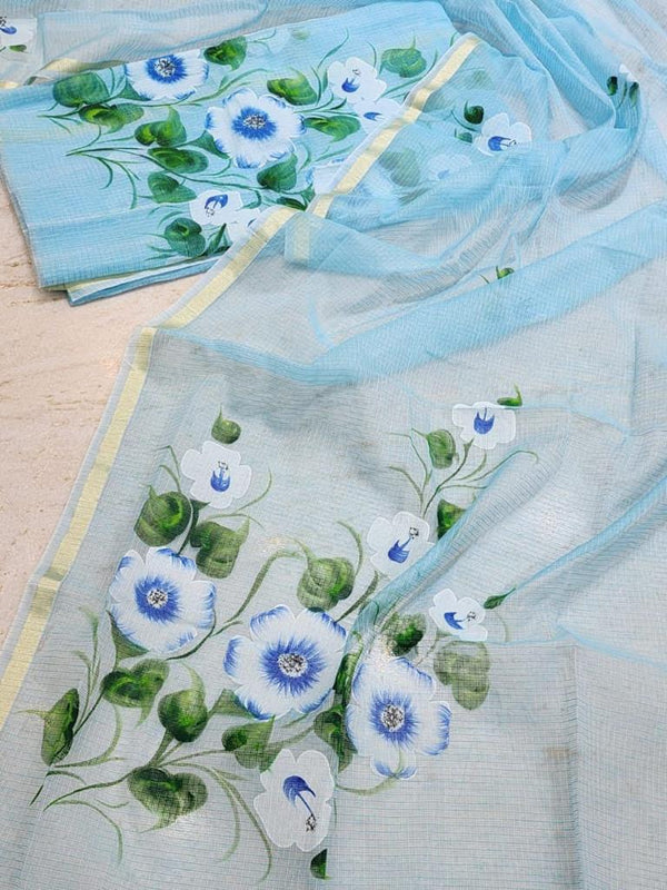 Hand Painted Kota Doria Salwar Suit | Carolina Blue | - Leheriya