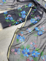 Hand Painted Kota Doria Salwar Suit | Charcoal | - Leheriya