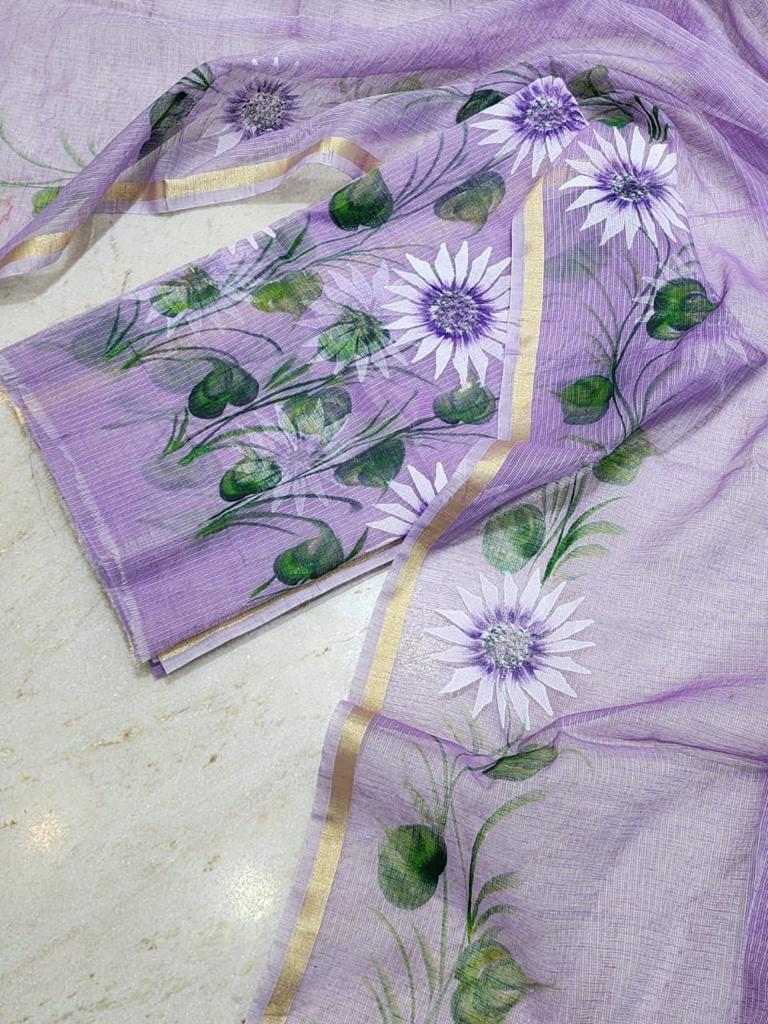 Hand Painted Kota Doria Salwar Suit | Faded Purple | - Leheriya