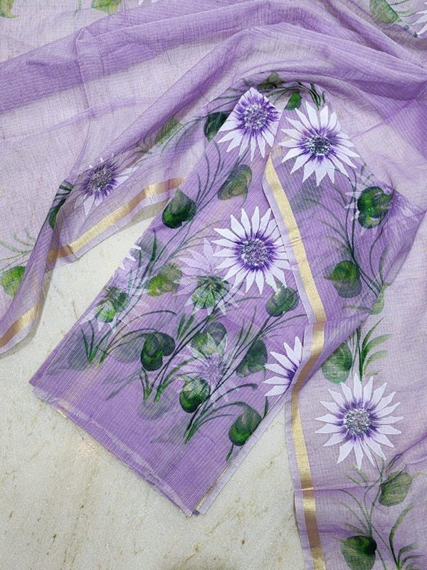 Hand Painted Kota Doria Salwar Suit | Faded Purple | - Leheriya