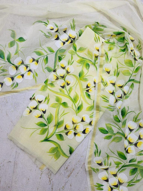 Hand Painted Kota Doria Salwar Suit | Green Mist | - Leheriya