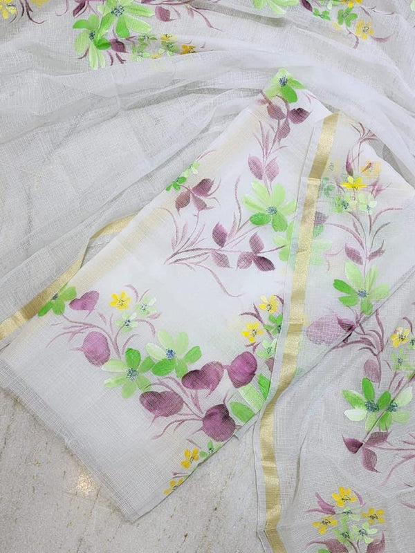 Hand Painted Kota Doria Salwar Suit | Ivory | - Leheriya