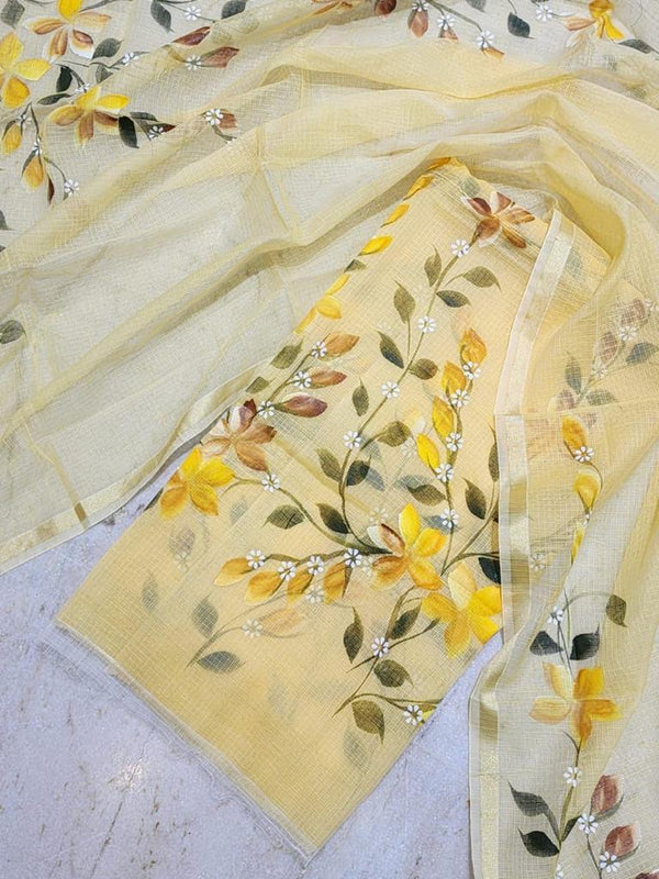 Hand Painted Kota Doria Salwar Suit | Pastel Yellow | - Leheriya