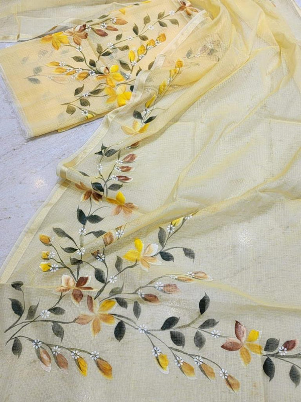 Hand Painted Kota Doria Salwar Suit | Pastel Yellow | - Leheriya