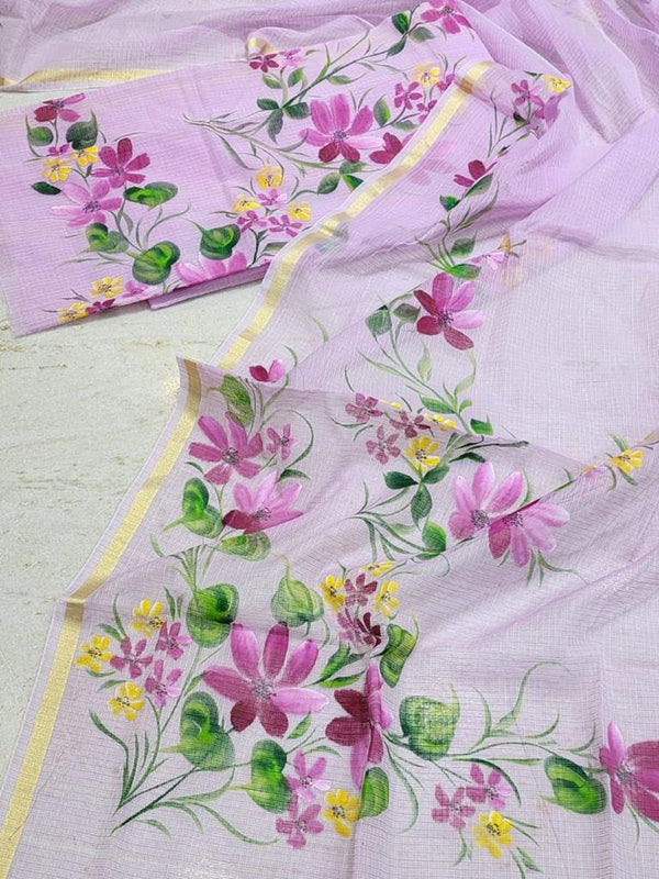 Hand Painted Kota Doria Salwar Suit | Pink Pearl | - Leheriya