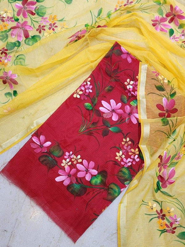 Hand Painted Kota Doria Salwar Suit | Red | - Leheriya