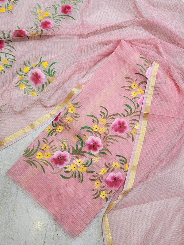 Hand Painted Kota Doria Salwar Suit | Rose Fog | - Leheriya