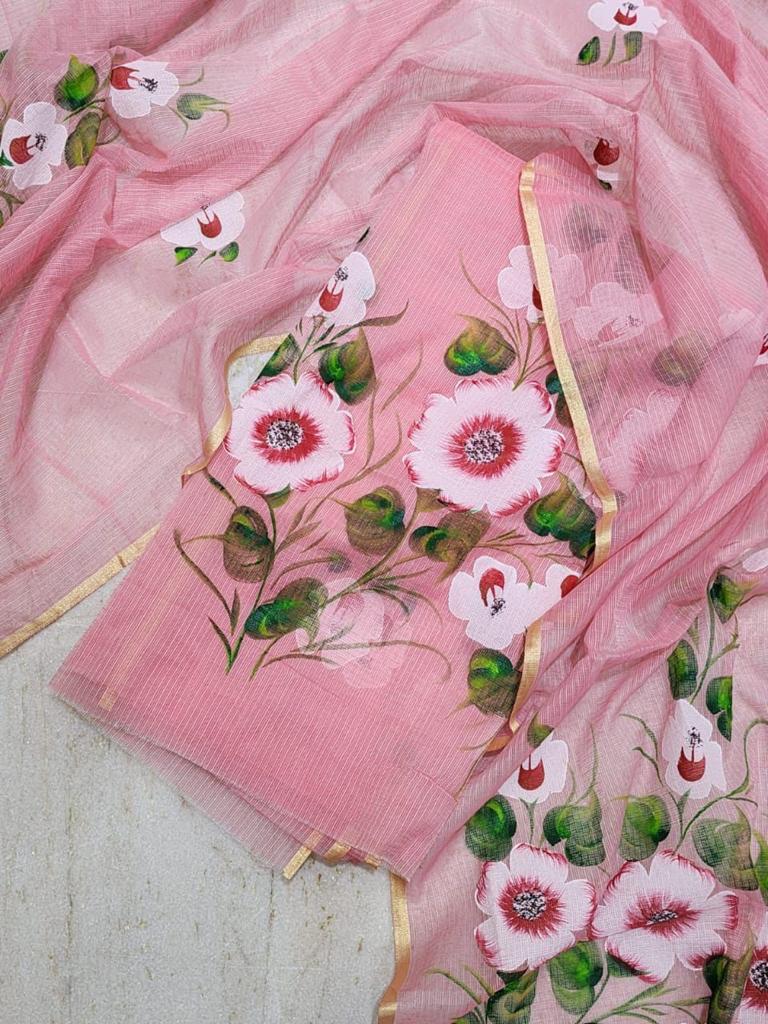 Hand Painted Kota Doria Salwar Suit | Sea Pink | - Leheriya