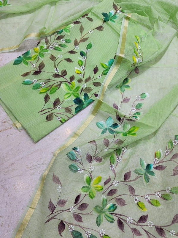 Hand Painted Kota Doria Salwar Suit | Spring Green | - Leheriya