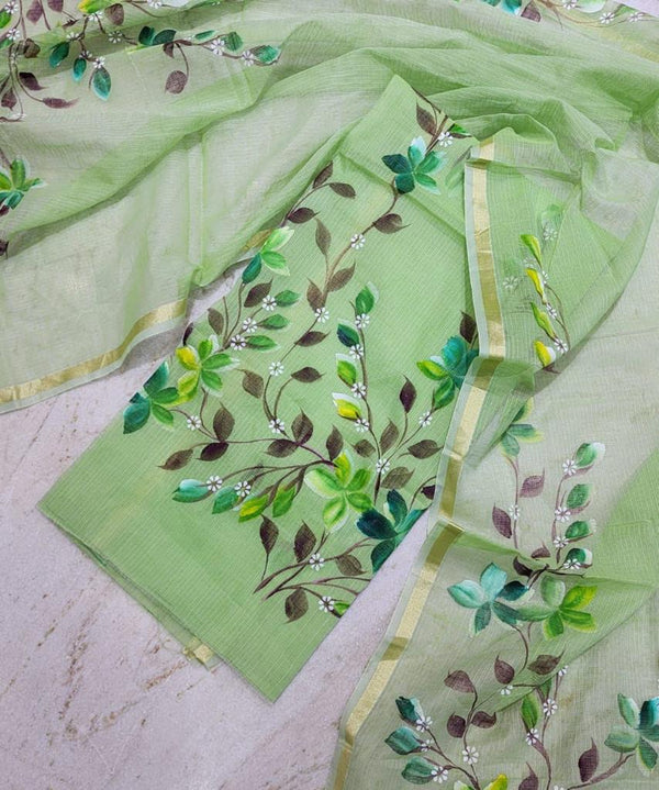 Hand Painted Kota Doria Salwar Suit | Spring Green | - Leheriya