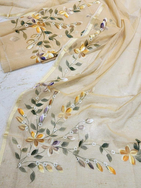 Hand Painted Kota Doria Salwar Suit | Vanilla Brown | - Leheriya