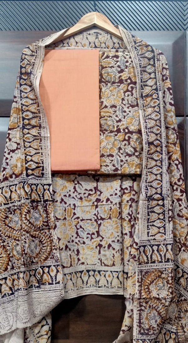 Handmade Pure Cotton Kalamkari Salwar Suits with Kalamkari Dupatta - Leheriya