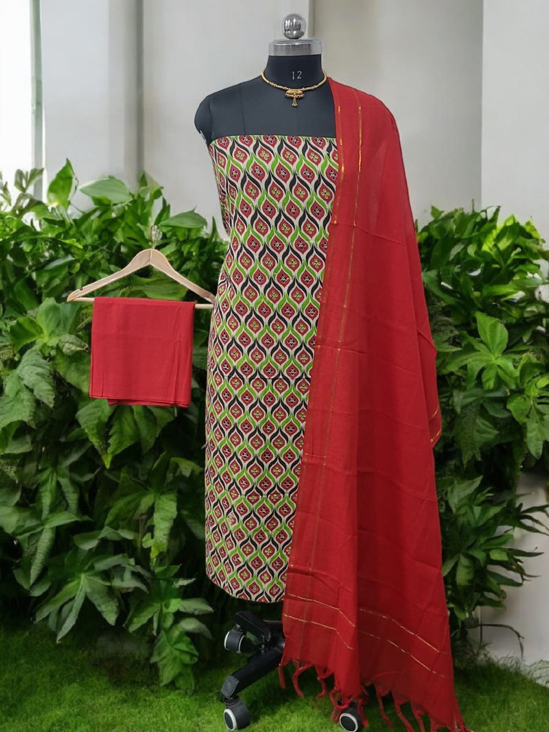 Handmade Pure Cotton Kalamkari Salwar Suits with Plain South Cotton Dupatta - Leheriya