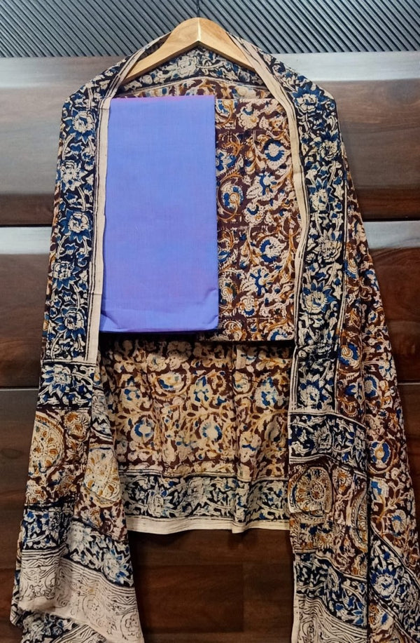 Handmade Pure Cotton Kalamkari Salwar Suits with Plain South Cotton Dupatta - Leheriya