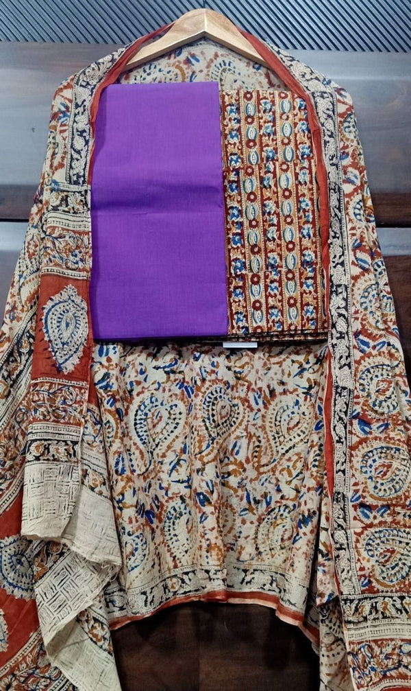 Handmade Pure Cotton Kalamkari Salwar Suits with Plain South Cotton Dupatta - Leheriya