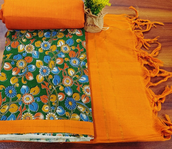 Handmade Pure Cotton Kalamkari Salwar Suits with Plain South Cotton Dupatta - Leheriya