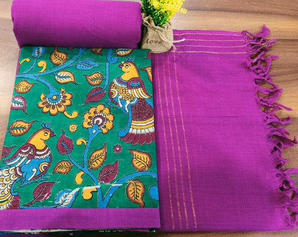 Handmade Pure Cotton Kalamkari Salwar Suits with Plain South Cotton Dupatta - Leheriya